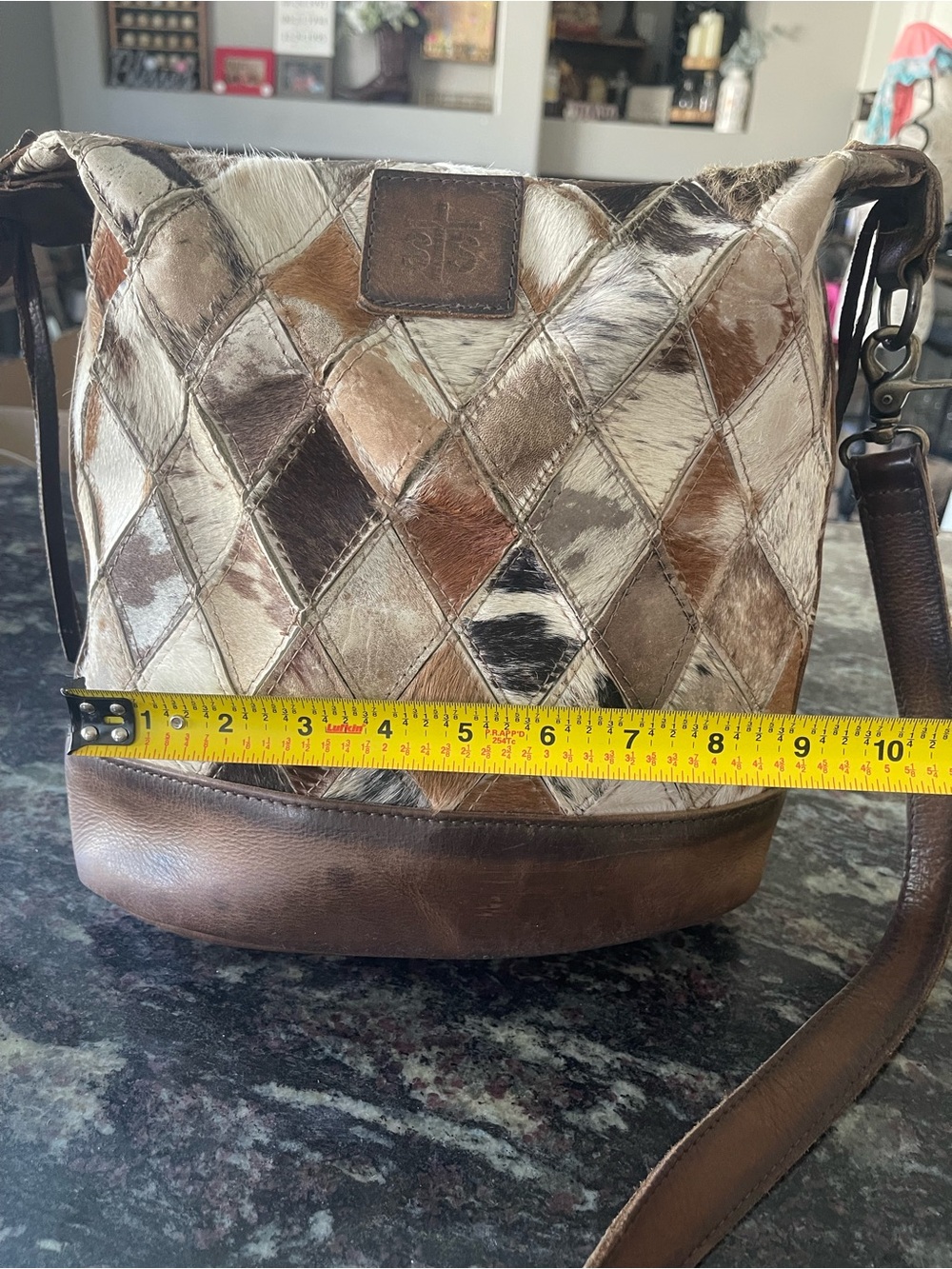 STS Ranchwear Brown Multi Patchwork Cowhide Crossbody Bucket Bag - Picture 6 of 14